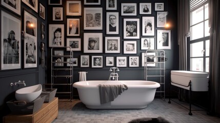 A chic bathroom with a touch of sophistication, boasting a gallery wall of black and white photo frames that exude timeless charm. Generative AI