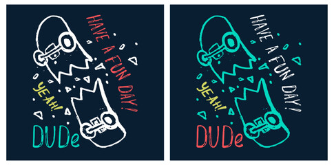 Skateboard cool summer t-shirt print design. Skater in skatepark. Have a fun day slogan