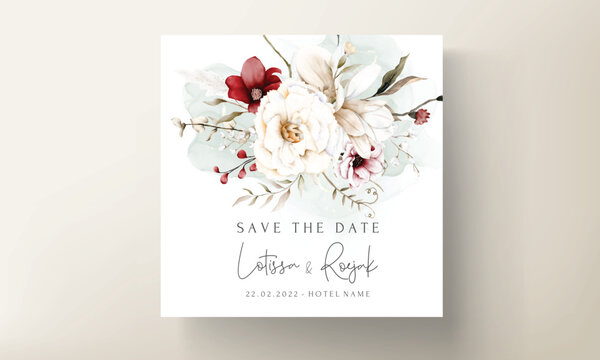 elegant boho wedding invitation card with dried floral and maroon flower
