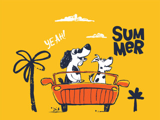 Dogs on car funny cool summer t-shirt print design. Road trip on cabriolet automobile - 608107250