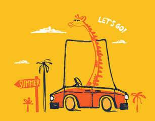 Giraffe on car funny cool summer t-shirt print design. Road trip on cabriolet automobile. Slogan. Drive safari