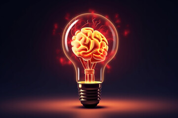 A glowing brain inside a tradition light bulb representing ideas, inspiration, life and energy; isolated on a black background. Developed with generative ai. Developed with generative ai