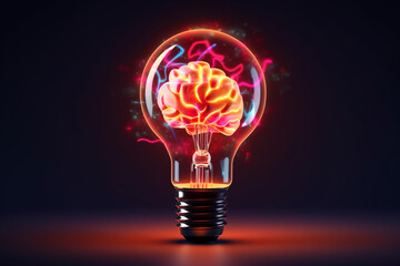 A glowing brain inside a tradition light bulb representing ideas, inspiration, life and energy; isolated on a black background