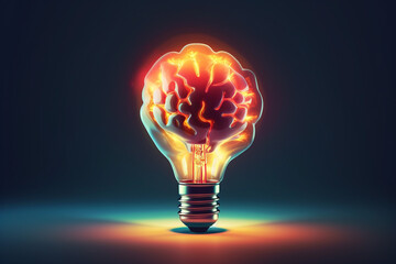 A glowing brain inside a tradition light bulb representing ideas, inspiration, life and energy; isolated on a black background. Developed with generative ai