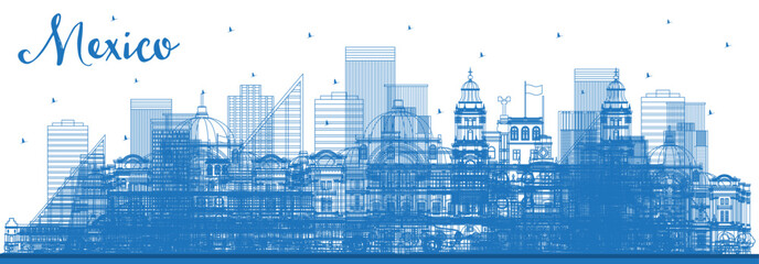 Outline Mexico City Skyline with Blue Buildings. Mexico Cityscape with Landmarks.