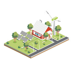 Isometric Solar Panels with Wind Turbine in Suburb. Green Eco Friendly House.