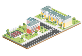 Isometric Residential District. Two Five Storey Buildings. Hotel with Tennis Court. Infographic Element.