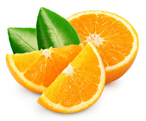 Isolated orange. Fresh organic orange with leaves isolated clipping path. Orange macro studio photo. High End Retouching