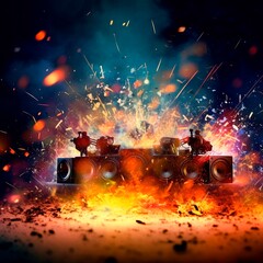 Musical explosion illustration. Scene with musical instruments on fire. Rock band music concert, stage, fire. Fire on stage, special effects illustration. 
Generative ai.