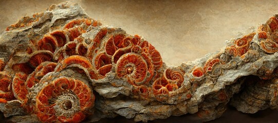 Fossilized ammonite sea shell spirals embedded into rustic brown red desert sandstone rock. Ancient prehistoric layered and ridged stone texture with detailed surface patterns - generative ai
