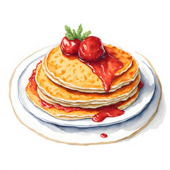 Tasty and fluffy pancake stack with syrup and strawberry