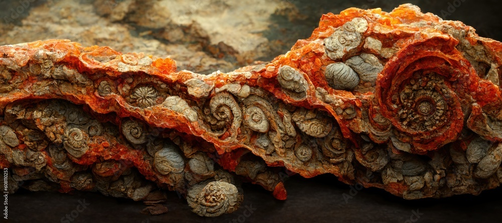 Poster Fossilized ammonite sea shell spirals embedded into rustic brown red desert sandstone rock. Ancient prehistoric layered and ridged stone texture with detailed surface patterns - generative ai