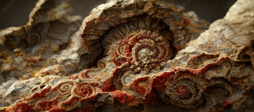 Canvas Prints Fossilized ammonite sea shell spirals embedded into rustic brown red desert sandstone rock. Ancient prehistoric layered and ridged stone texture with detailed surface patterns - generative ai