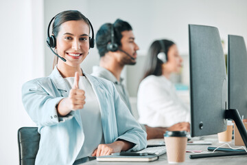 Young woman, thumbs up and call center portrait with smile for agreement, review or yes for...