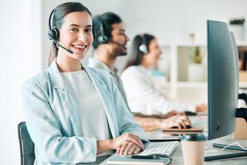Young woman, call center and portrait with smile, consulting and customer service with computer in...