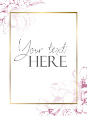 Flat style background template with apple bloom flowers on white background with golden frame
