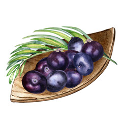 Composition of acai berries on wooden plate watercolor illustration isolated on white. Exotic amazon small purple berries on leaf shaped plate, palm leaves hand drawn. Design element for packaging