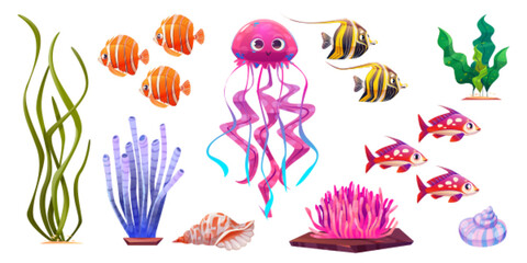 Sea underwater cute coral and jellyfish cartoon vector illustration set isolated on white background. Ocean water bottom life fish and seaweed icon. Aquatic world creature and shell reef nature
