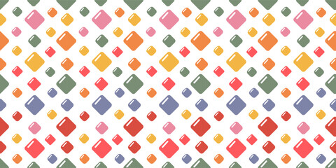 Seamless pattern of primitive shapes for children with a small volume. Colored diamonds with highlights. Hand-drawn retro design. Elements for web, scrapbooking, stickers, wallpaper, poster. Gentle