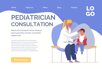 Medical diagnostics, treatment in hospital. Doctor checks boy's temperature, symptom of cold, touches forehead of child, gives kid medicine. Vector flat cartoon illustration. Landing page template.