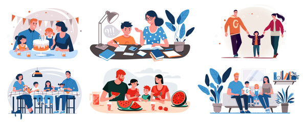 Set of family illustrations in various situations, holiday, feast, walk, rest, schoolboy does his homework. Parents and children spend time together. Vector Flat cartoon characters.