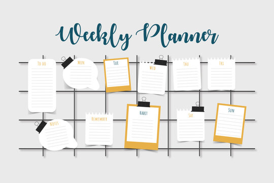 Weekly planner, bullet journal planner template, collage moodboard pictures grids, vector illustration