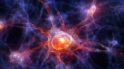 Neuron cells connect neurons with glowing link knots in the human brain. Brainstorm electricity brain cells. Generative AI.