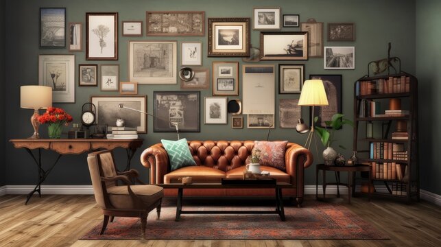 An inviting living room with a warm and cozy atmosphere, featuring a vintage deck, a plush leather armchair, and a gallery wall adorned with photo frames. Generative AI