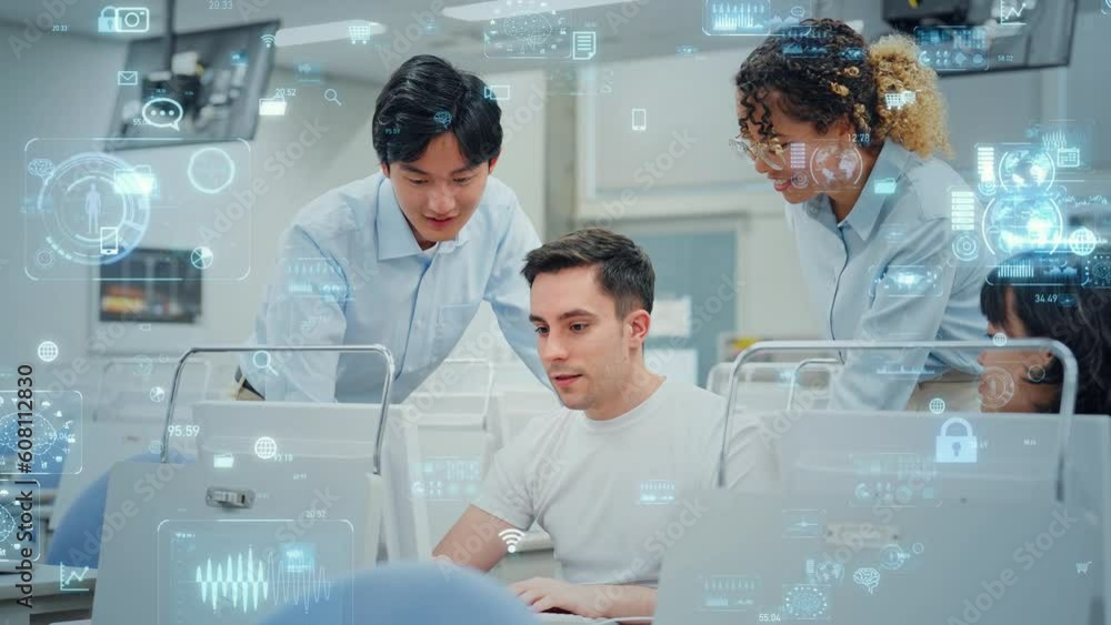 Poster Mixed media of multinational people working in office and digital technology concept. Worldwide business. System engineering.