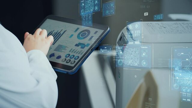 Mixed media of group of engineers meeting in lab and digital data concept. Science technology.