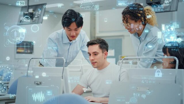Mixed media of multinational people working in office and digital technology concept. Worldwide business. System engineering.