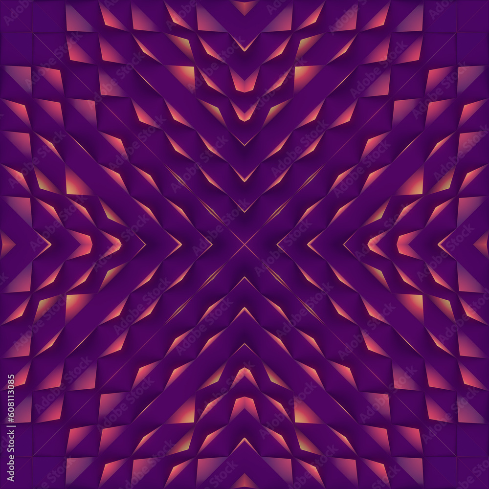 Aufkleber Symmetric pattern of triangles with a bright pink gradient on a purple surface. 3d rendering digital illustration