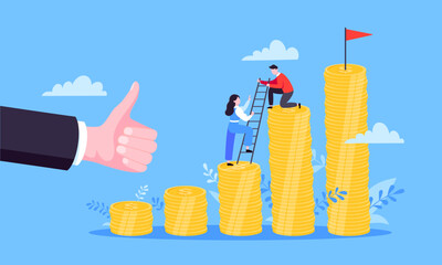 Business mentor helps improve career and money stacks growing. He holds stairs steps vector illustration. Mentorship, upskills, climb help self development strategy flat style design business concept.