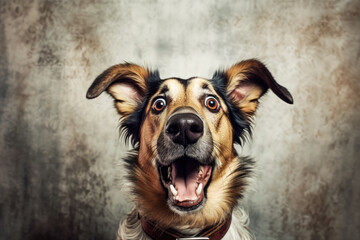 Close up of a dog on a solid background with a shocked expression. Mouth and eyes wide open.