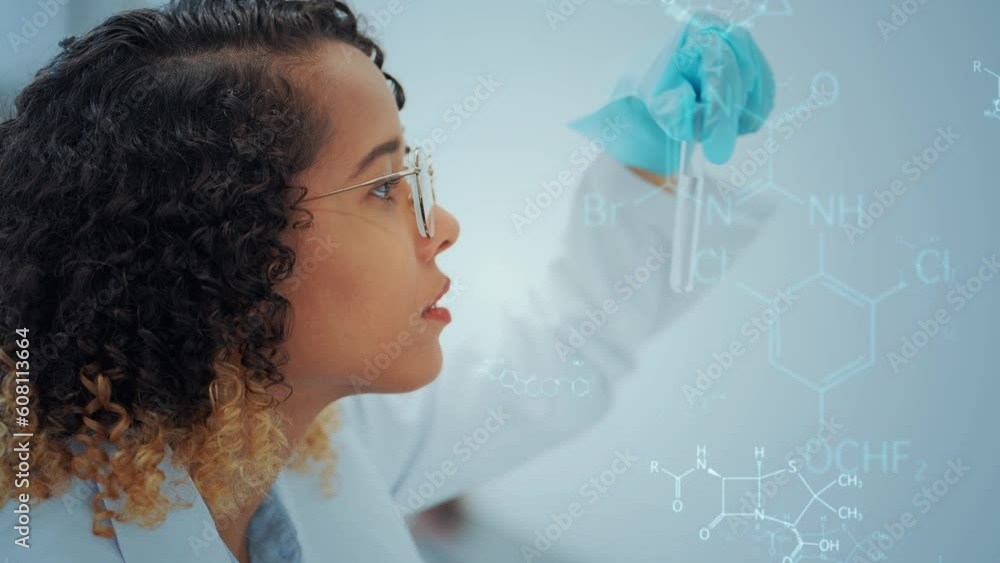 Poster mixed media of female researcher experimenting in laboratory and science technology. research and de