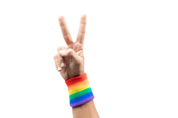 Male hand doing the peace sign with lgtbi flag bracelet, isolated.