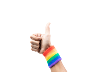 Male hand doing OK sign with lgtbi flag bracelet, isolated.