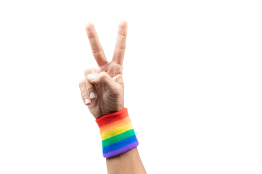 Male hand doing the peace sign with lgtbi flag bracelet, isolated.
