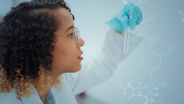 Mixed media of female researcher experimenting in laboratory and science technology. Research and development concept.