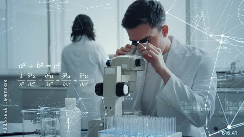 Poster Mixed media of group of multinational researchers experimenting in laboratory and science technology. Research and development concept.