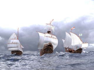 Santa Maria Pinta and Nina a Christopher Columbus fleet a front view from water level at sea 3D rendered image in high quality in HDR