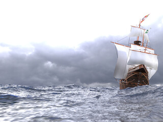 Santa Maria Christopher Columbus ship front view from water level at sea 3D rendered image in high quality in HDR