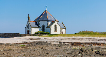 tour tourism in Brittany,  Morbihan gulf,  Sarzeau, Penvins in France- Notre Dame de la Cote Chapel