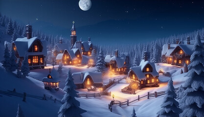 Enchanting Winter Wonderland:  Scene for Winter Experience the Magic of Santa's Village in the North Pole a Full Moon at Night. Immerse Yourself in Christmas Village., Generative AI. - obrazy, fototapety, plakaty