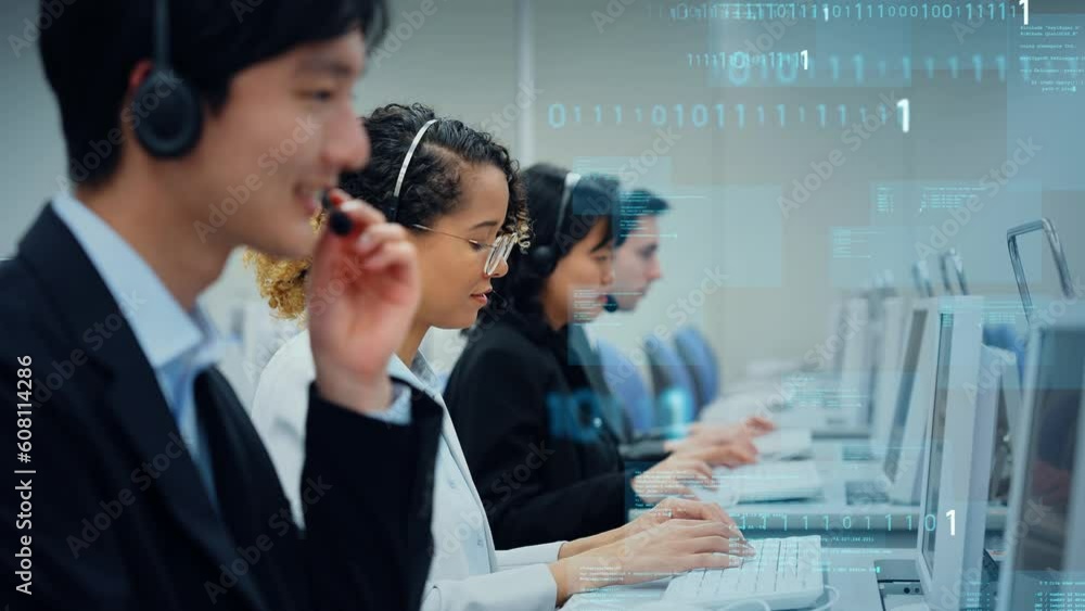 Poster mixed media of multi national operator working in call center and digital technology concept. worldw