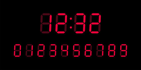 Fototapeta premium Red digital glowing numbers for Lcd electronic devices screen isolated on black background. Clock, timer concept. Vector Illustration.