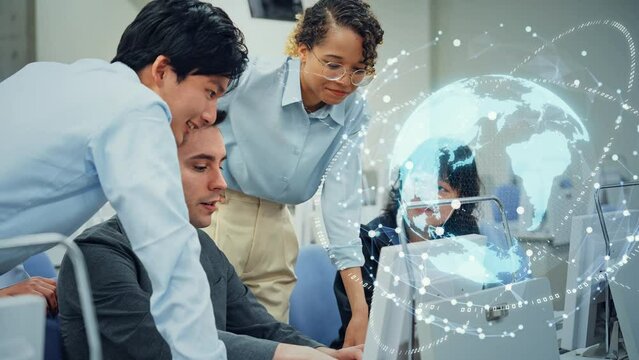 Mixed media of multinational people working in office and global communication network concept. Worldwide business. Telemarketing.