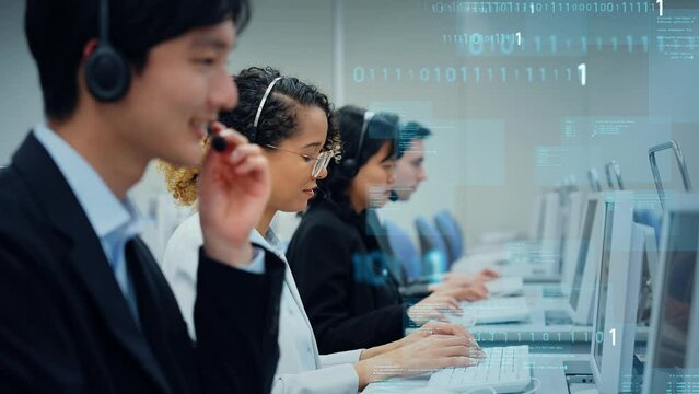 Mixed media of multi national operator working in call center and digital technology concept. Worldwide business. Telemarketing.