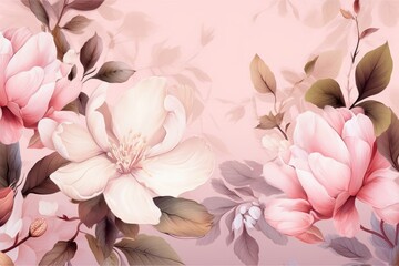 Vintage Asian Floral Pattern: Peonies, Roses, and Green Leaves in Abstract Watercolor on a Soft Pink Background, Generative AI.