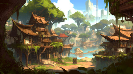 landscape of wooden huts in the forest near lake ai image generated